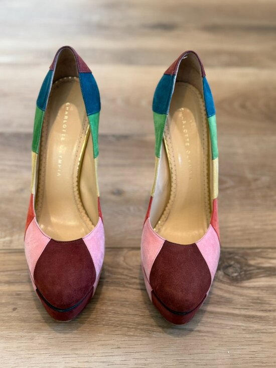 Charlotte Olympia Shoes - Charlotte Olympia Rainbow Suede Patchwork Pumps - Size 40